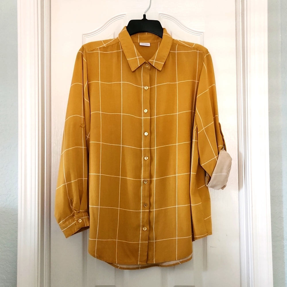 Pretty Golden Yellow Long-sleeve Plaid Top